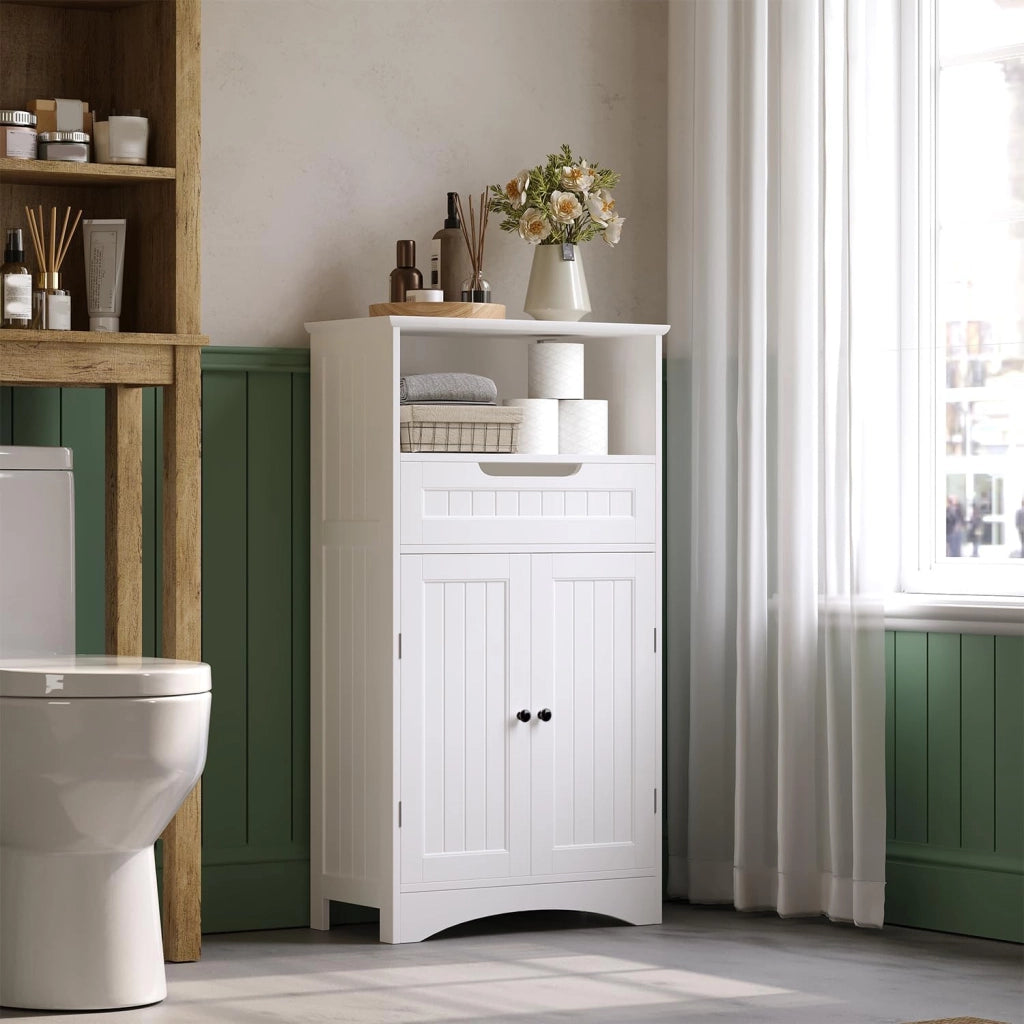 Mobiletto da bagno, mobiletto portaoggetti da bagno con 1 ripiano aperto, 1 cassetto e 1 ripiano da pavimento regolabile, per bagno, soggiorno, sala da pranzo, 60x30x108CM,Bianco