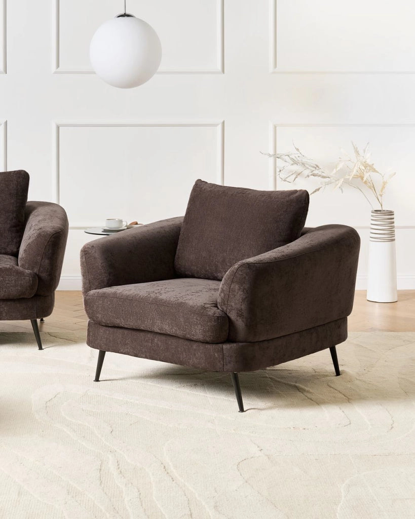 Poltrona Rivestimento in ciniglia con braccioli Gambe in ferro Soggiorno Marrone Scuro stile moderno