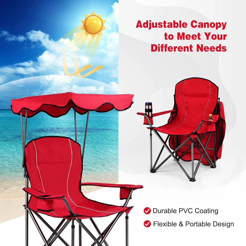 Sedia Pieghevole da Campeggio Leggera con Tetto, 2 Portabicchieri e Borsa per il Trasporto, per Patio, Spiaggia, Campeggio, 91x67x137cm, 2 Colori (Rosso)