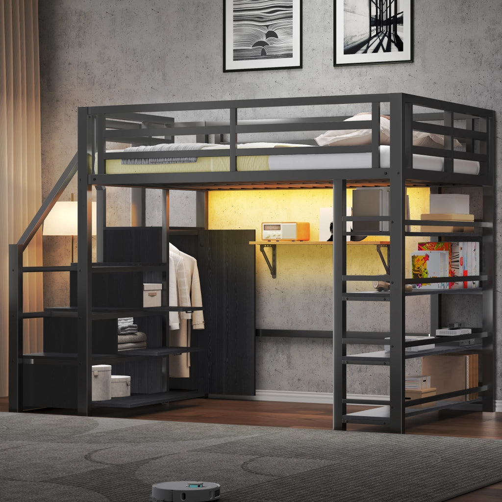Letto a soppalco 140 × 200 cm con scaffale, armadio, scala contenitore e LED, senza materasso, nero