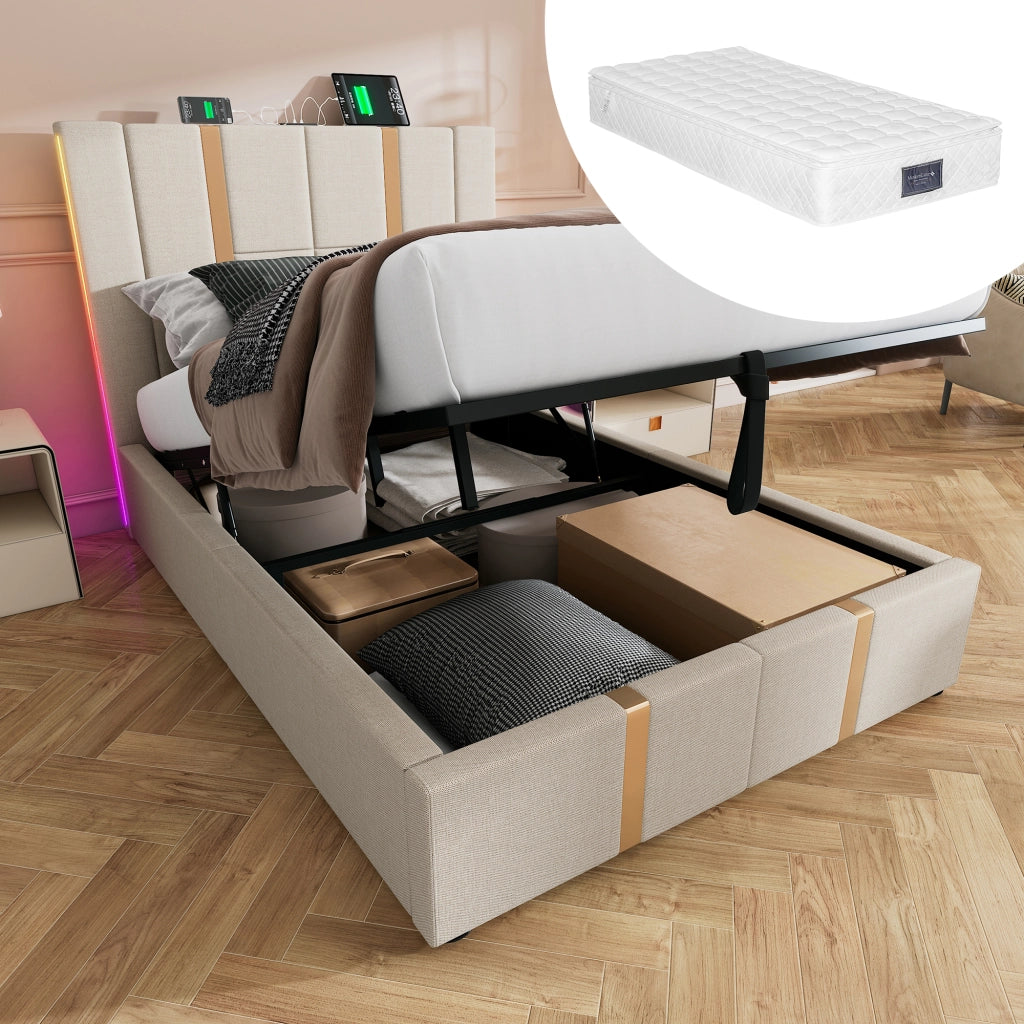 LETTO Contenitore 90x200 cm Beige in lino con LED e ricarica USB Type C