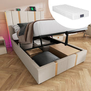 LETTO Contenitore 90x200 cm Beige in lino con LED e ricarica USB Type C