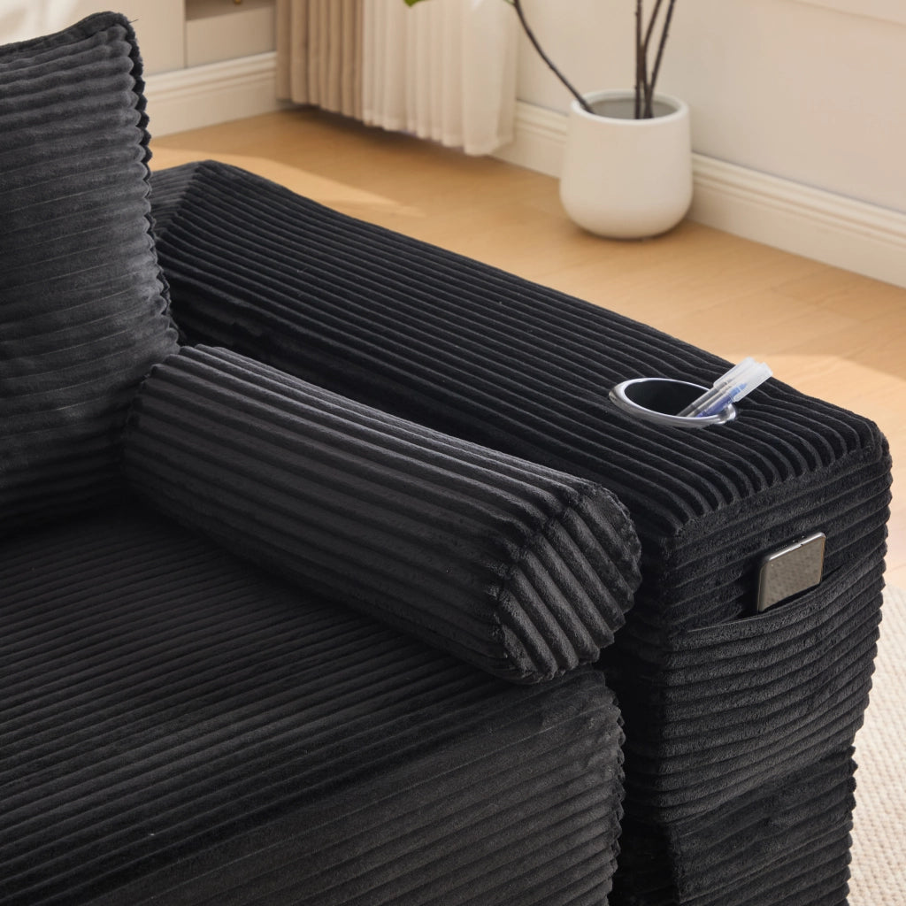 Divano letto 2 posti - con tasche laterali e portabicchieri - in corduroy nero