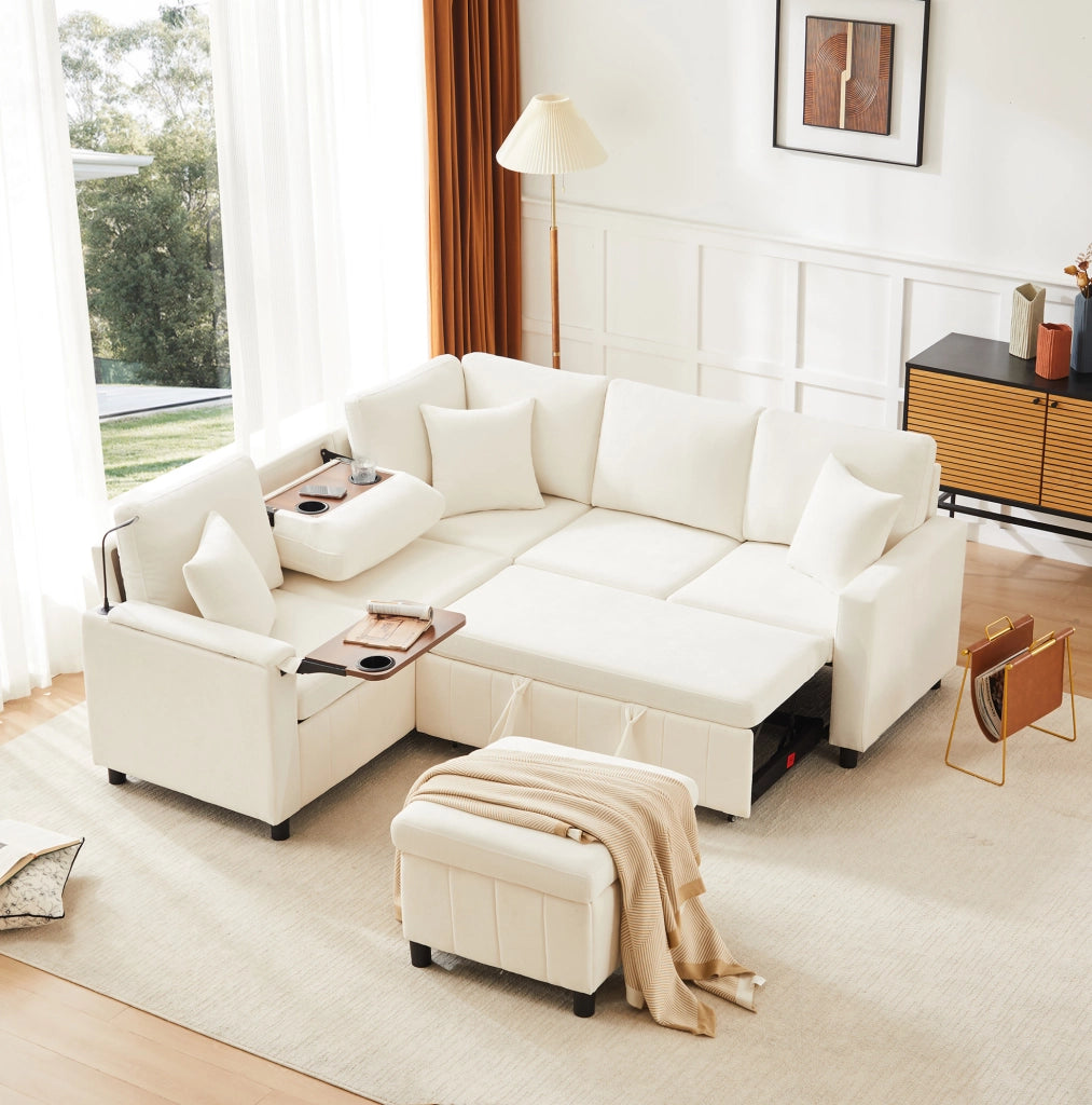 Divano angolare letto in ciniglia con pouf contenitore; USB e Type-C; beige