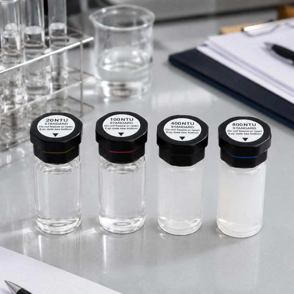 Turbidity Calibration Solution Kit 20/100/400/800 NTU, 20 Ml Each, 4 Pcs. Standard Turbidity Solution Refill For TN1000 Turbidity Meter, Shock-resistant Protective Insert, Sealed Bottle Design