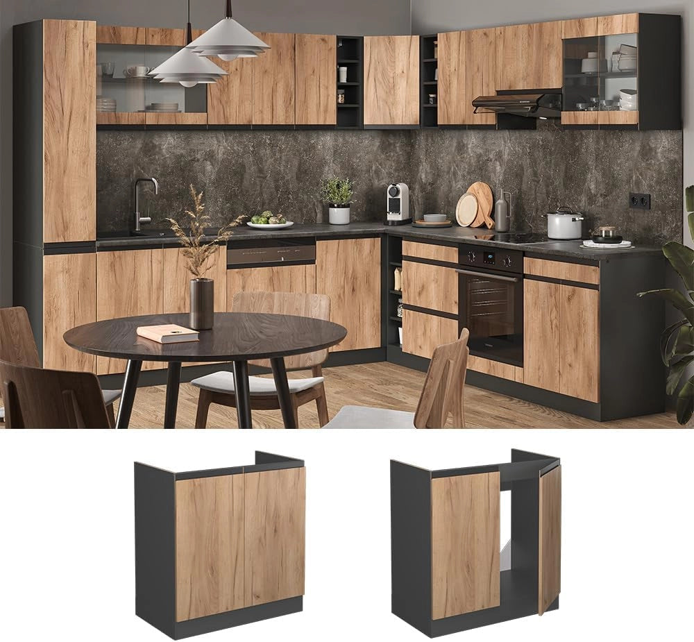Mobiletto base per cucina R-Line, Quercia dorata, 80 cm Forma a J, senza piano di lavoro, per la libera combinazione all'interno di sistemi cucina modulari