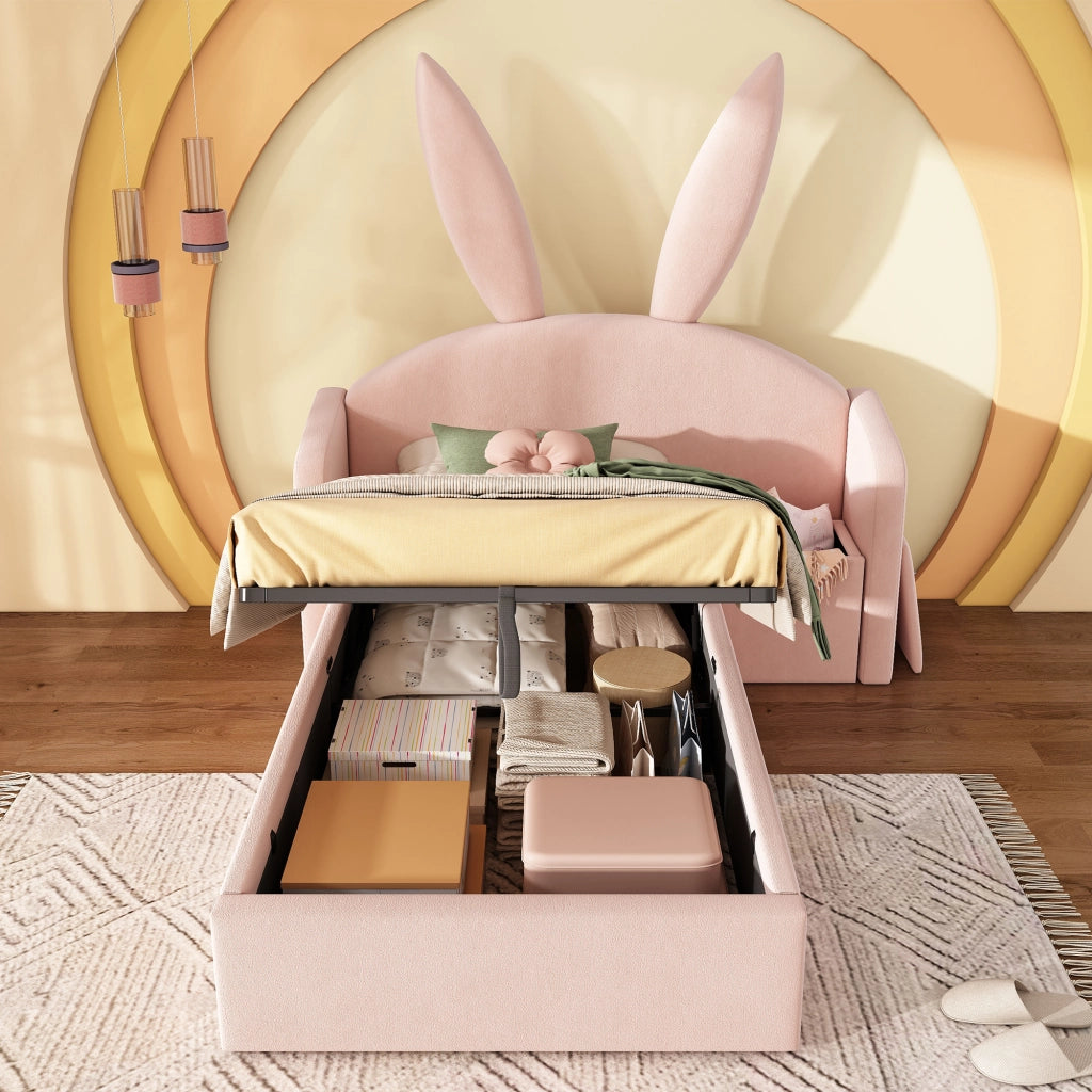 Letto per bambini 90 × 200 cm con testiera imbottita a orecchie di coniglio, contenitore laterale, senza materasso, rosa in velluto
