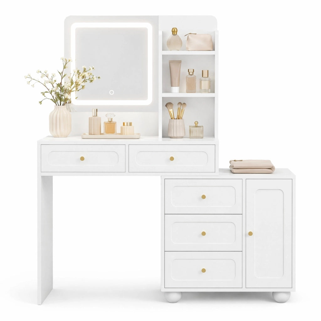 Toeletta con specchio HD e illuminazione LED regolabile 80x39;8x127 cm; MDF e bambù; bianca