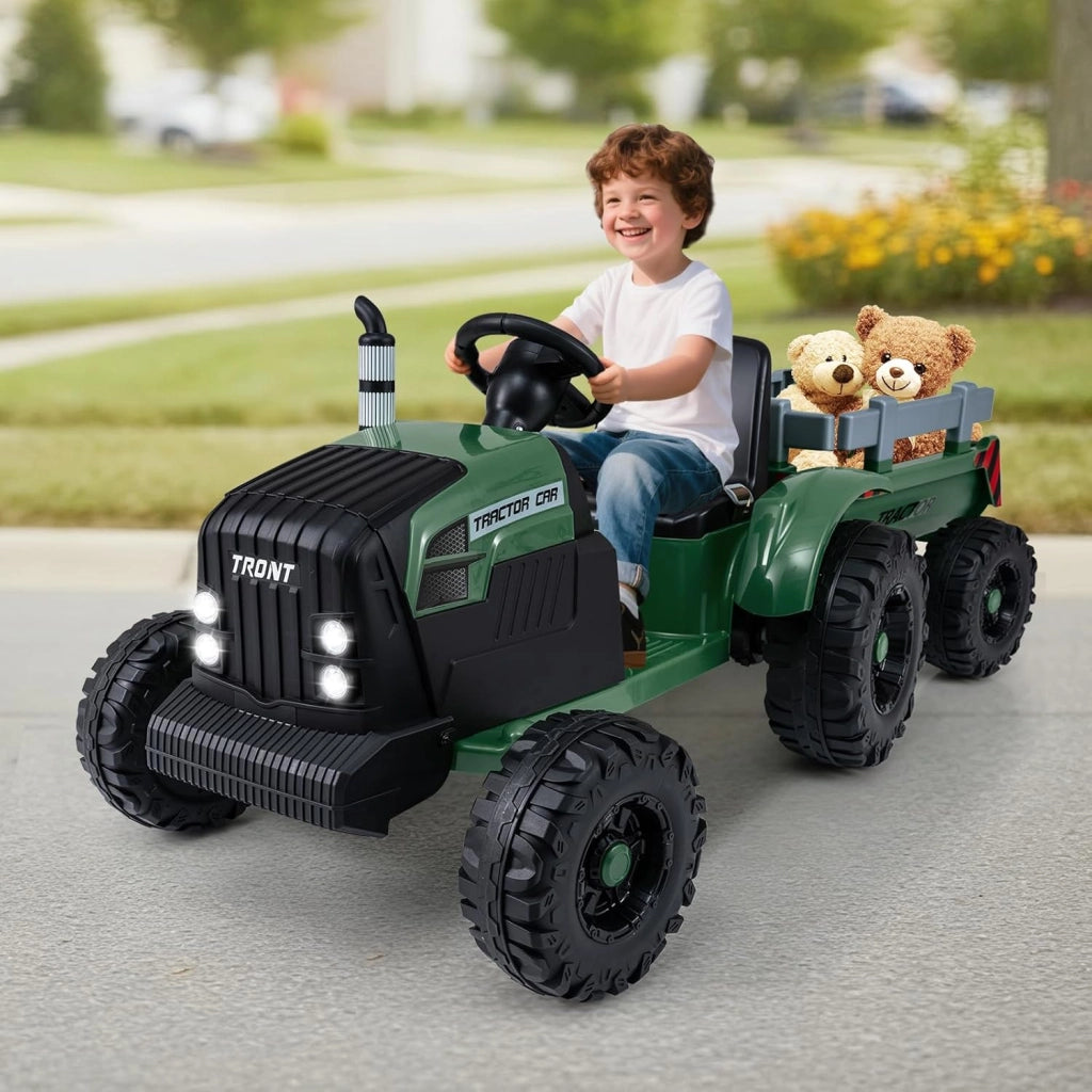 24V Trattore Elettrico per Bambini, Veicolo con Rimorchio Staccabile, Telecomando, Musica, Porta USB, Partenza Morbida, Fari LED, per Bambini 3-8 Anni (Verde)