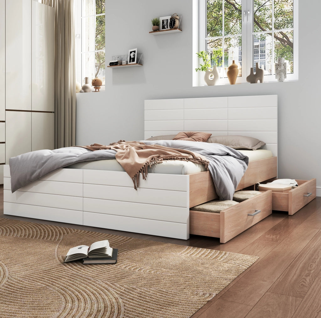Letto matrimoniale 180x200 cm con 2 cassetti; rete a doghe; bianco e rovere