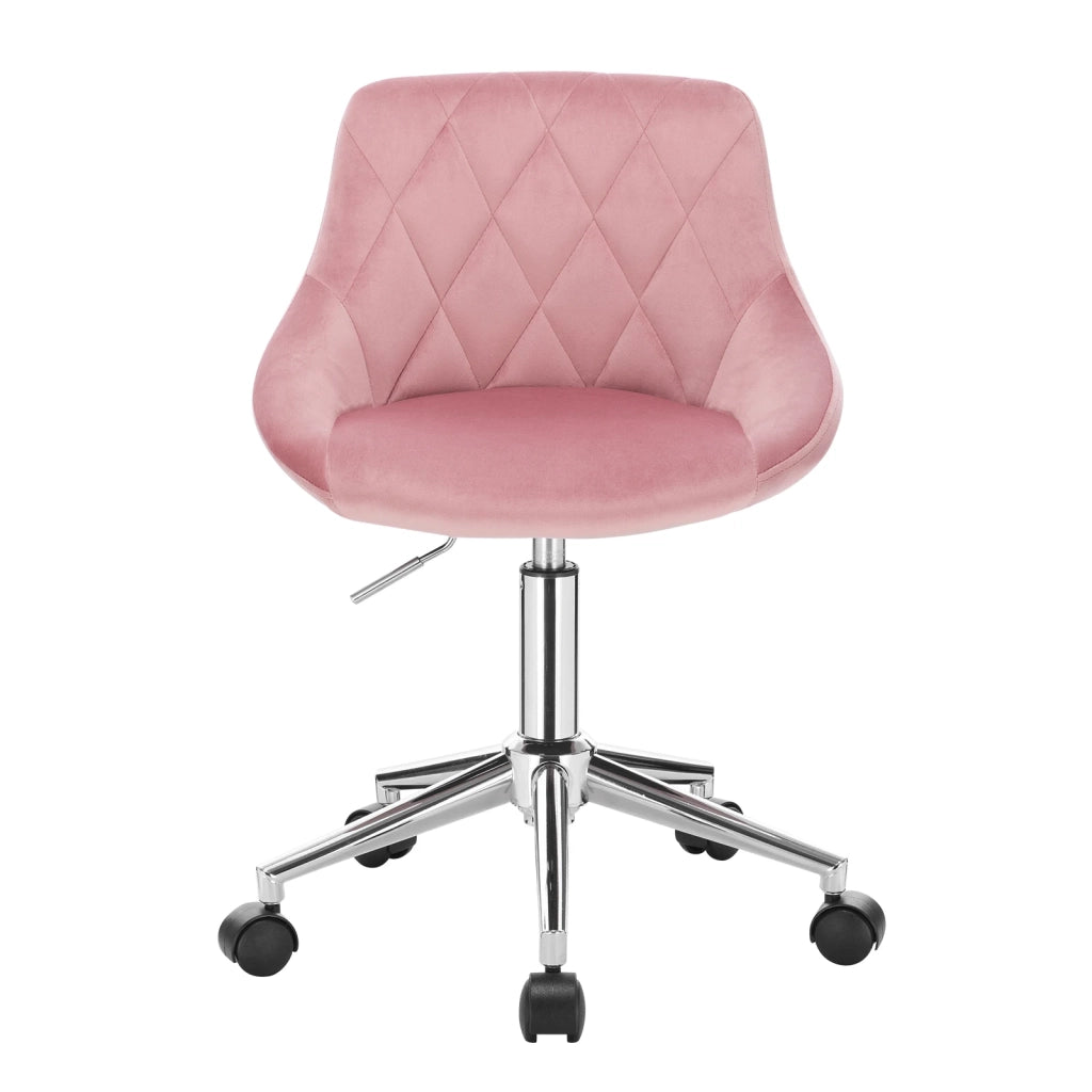Sedia da ufficio girevole in velluto rosa, altezza regolabile, con ruote e struttura in metallo