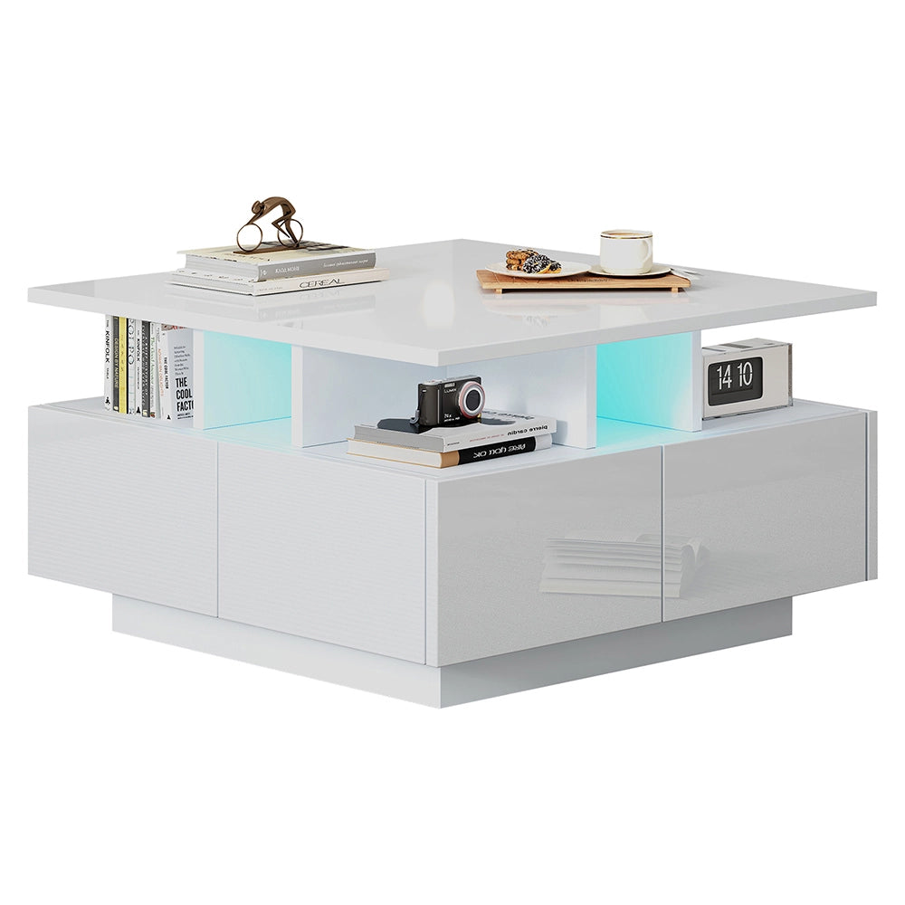 Tavolino-Xylo-70x70x40cm bianco LED 4 cassetti 30kg