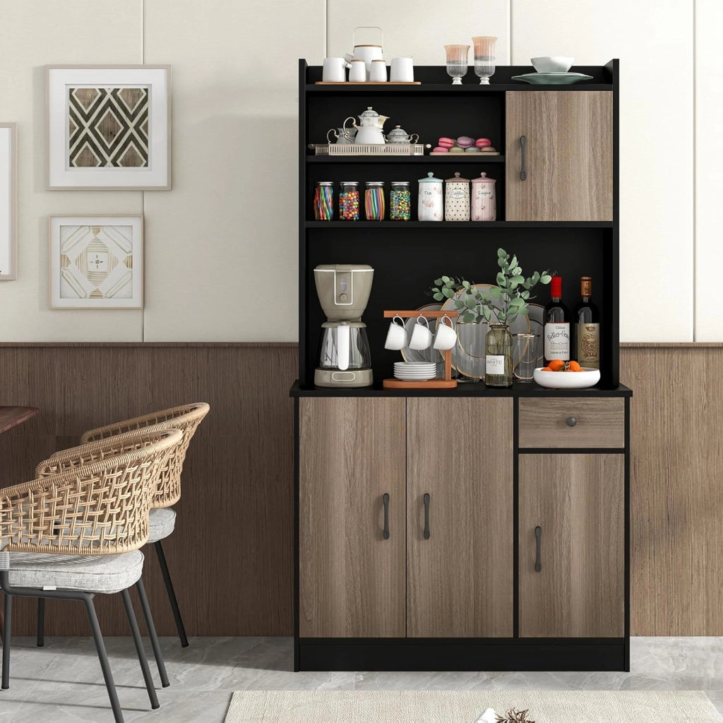 Credenza Alta da Cucina 180 cm, Mobile Cucina Dispensa con Fori per Cavi, Mobile Buffet con 4 Ripiani Regolabili, 3 Armadi, per Soggiorno, Sala da Pranzo, 100 x 40 x 180 cm (Nero)