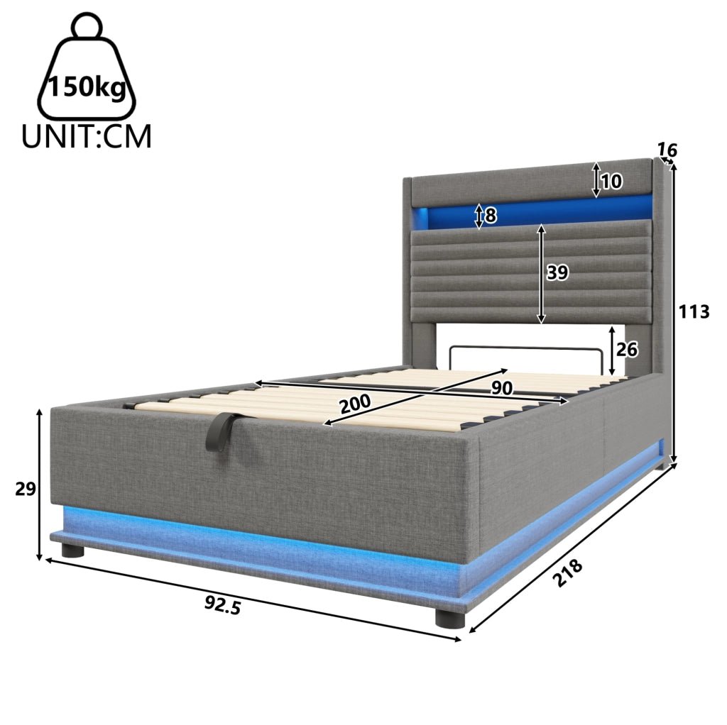 Letto imbottito 90x200 cm con contenitore; LED e ricarica USB Type-C in lino grigio