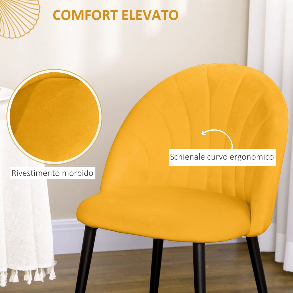 Sedia da Pranzo Moderna con Schienale a Conchiglia ¨C Zephmum ¨C Velluto Giallo Gambe in Metallo