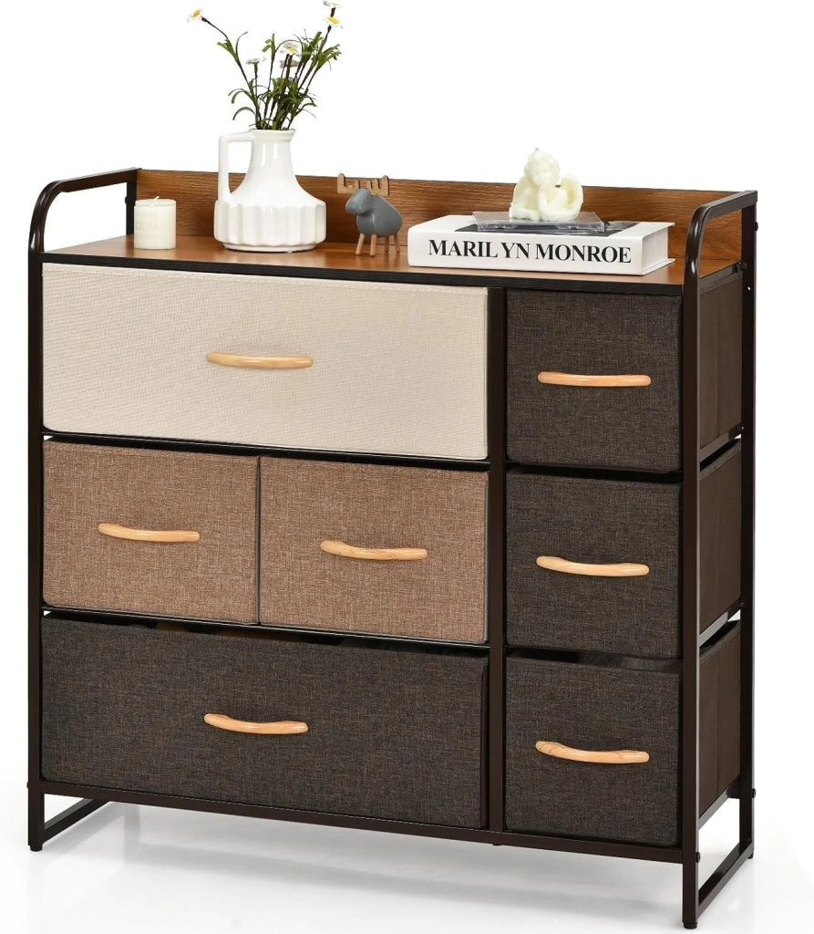 Cassettiera con 7 cassetti in tessuto pieghevole, armadio portaoggetti con gambe regolabili, mobile portaoggetti con cassetti di 3 dimensioni, tonalità marrone generale, 80 x 29 x 79 cm