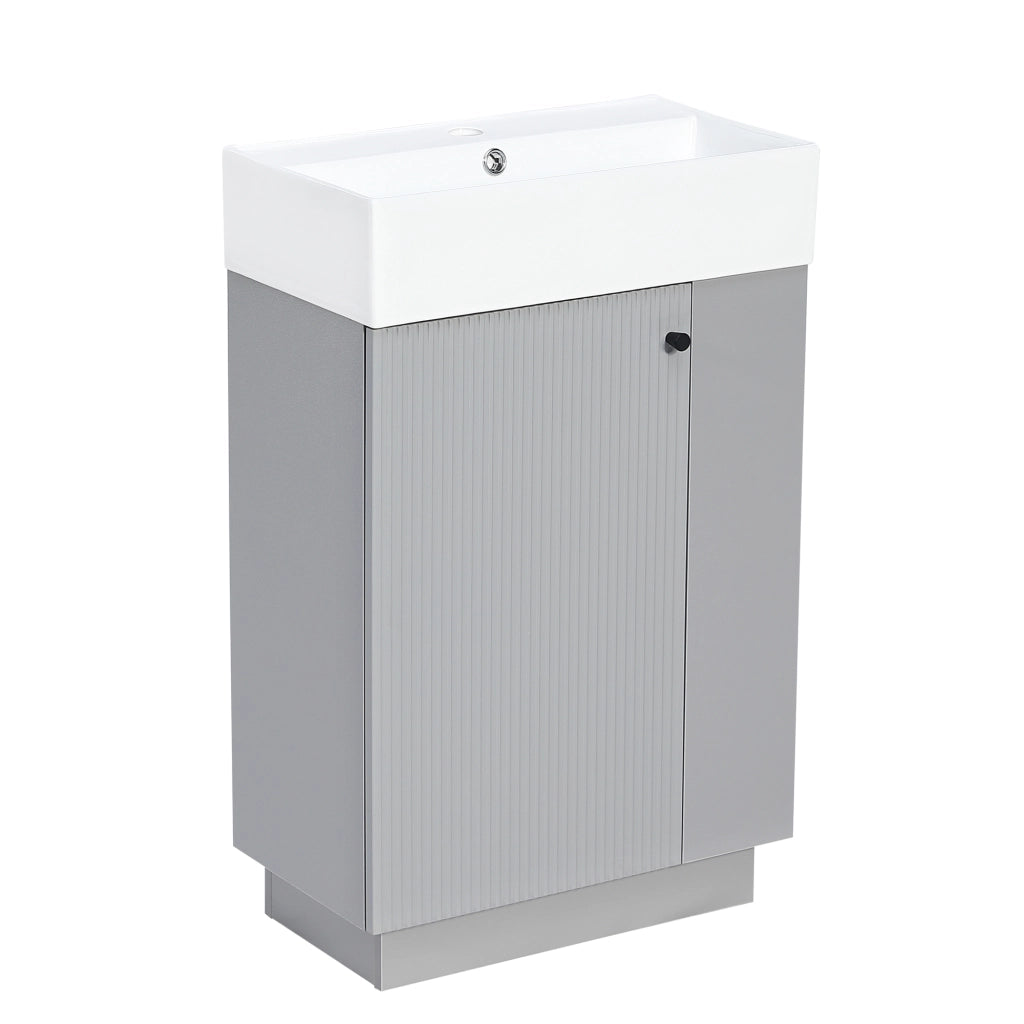 Mobile sotto lavabo 55 cm con lavabo in ceramica, porta carta igienica removibile, finitura grigio MDF, soft-close