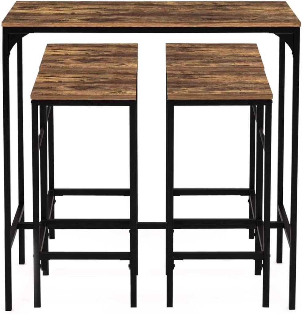 Tavolo da bar e 4 sgabelli DAYTON, alti 100 cm, in legno scuro con effetto distressed e design industriale nero