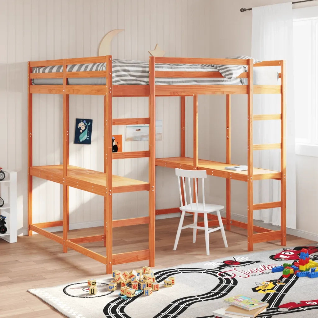 vidaXL Letto Soppalco Scrivania e Scala Marrone Cera 160x200cm Pino