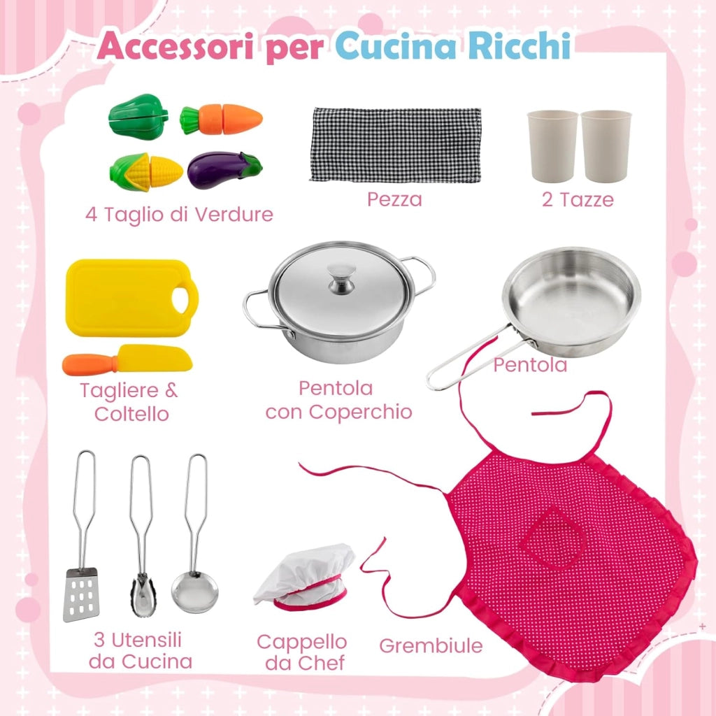 Cucina Giocattolo per Bambini, Set Cucina in Legno con Accessori, Luci e Suoni, Cappa, Fornelli, Microonde e Lavatrice, per Bambini 3+ Anni, 102 x 51 x 85 cm (Rosa)