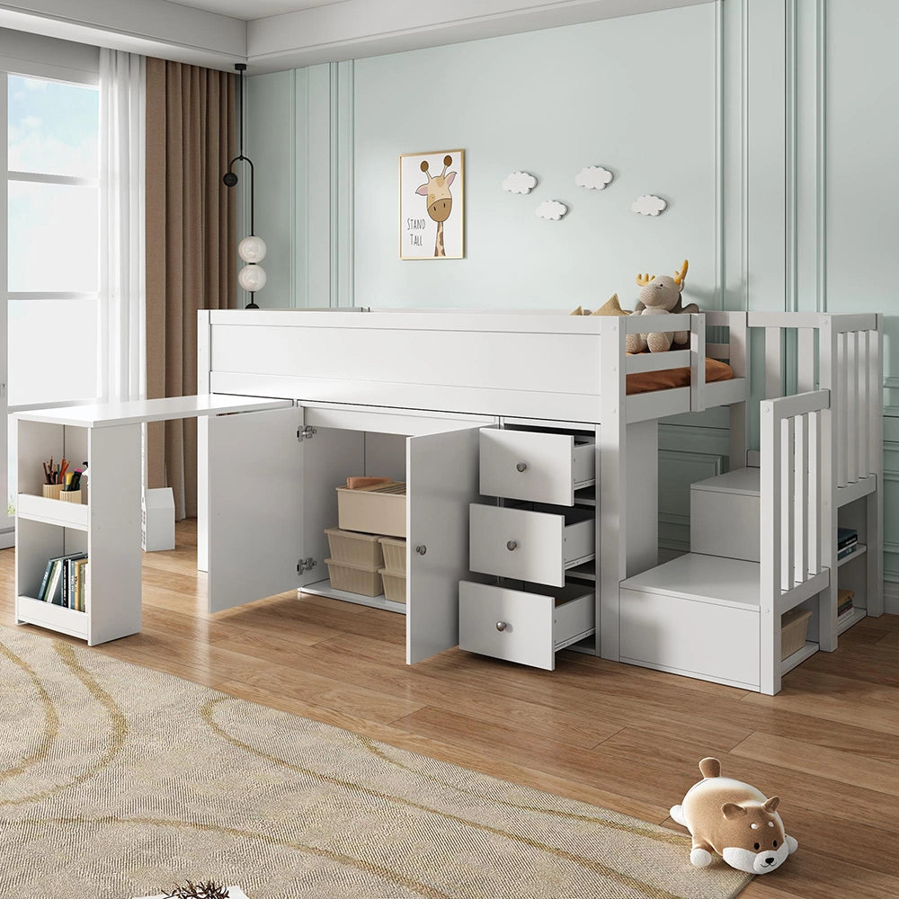 Letto a castello 90x200cm - Xylo - bianco, scrivania estraibile, armadio