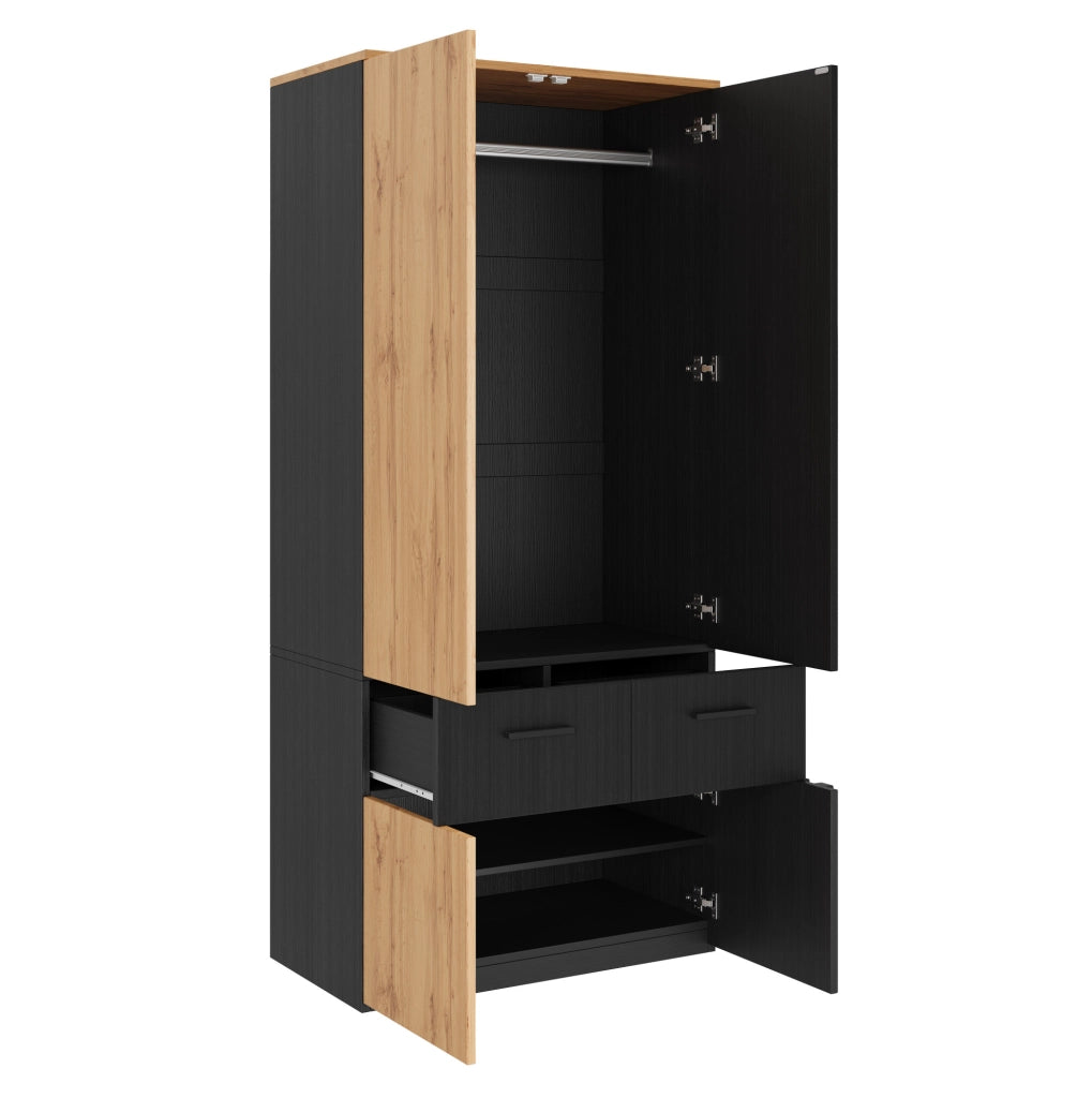 ARMADIO a ante battenti 90x50x200 cm Nero e Naturale con 2 cassetti
