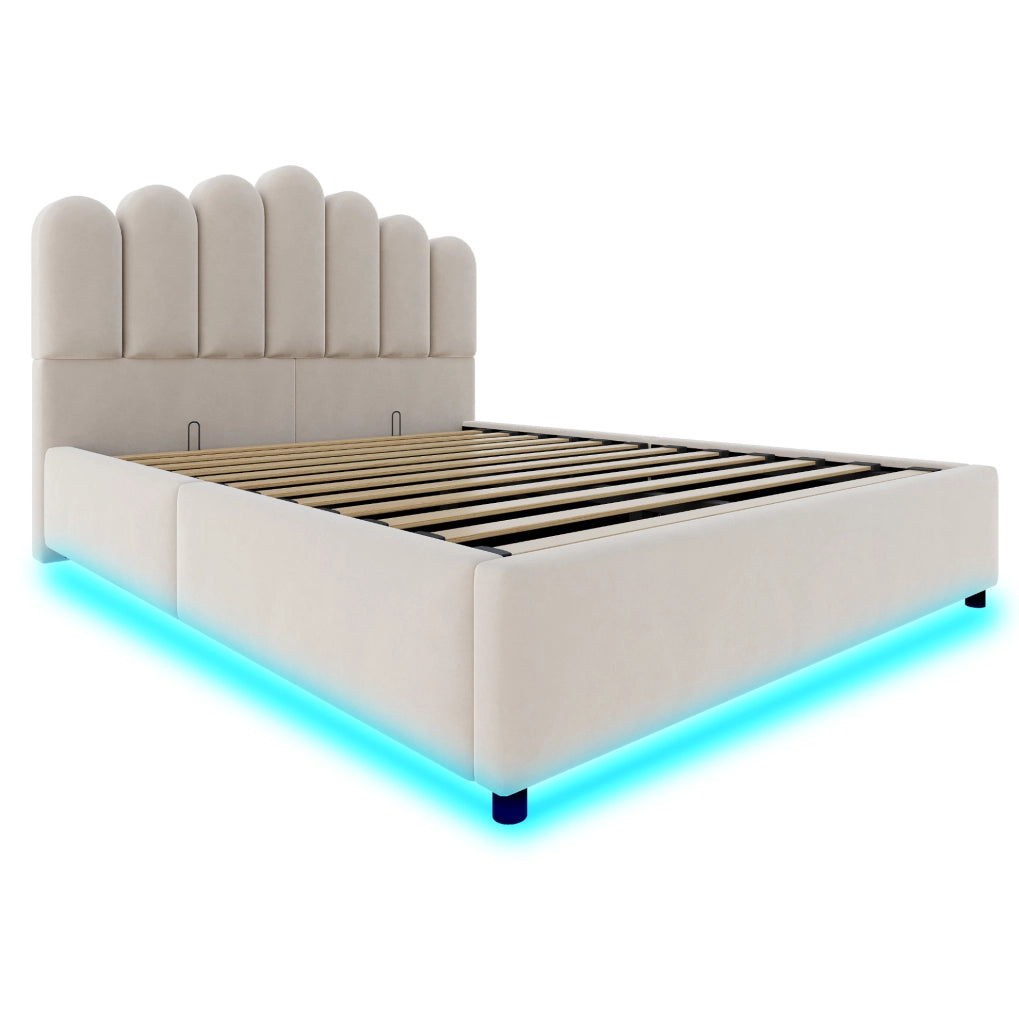 Letto imbottito 140x200 cm con contenitore idraulico; LED e testiera unica in velluto beige