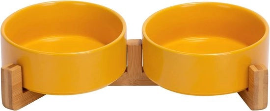 Ciotola per cani, ceramica, doppio contenitore per cibo per cani, con maniglia in bambù, per cani e gatti, 400 ml, giallo
