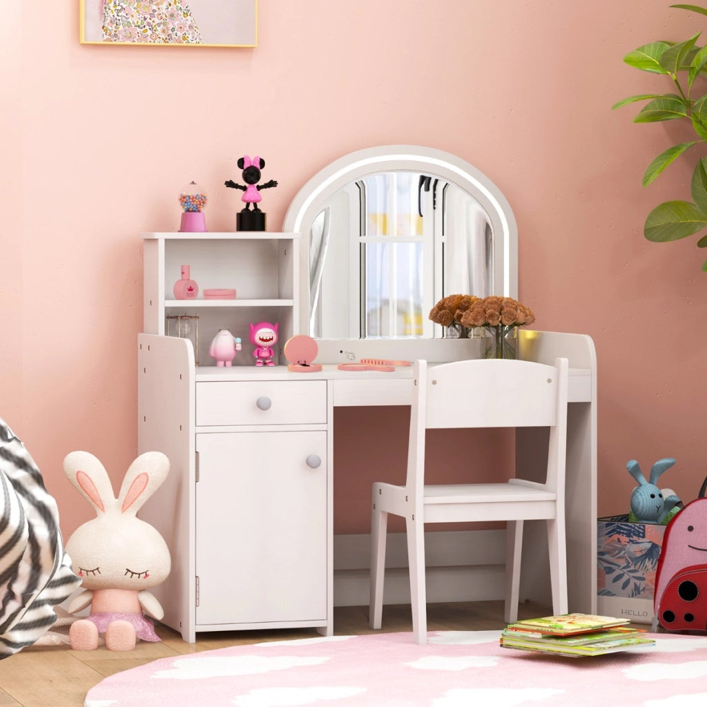Set tavolo da trucco per bambini e piccolo armadio per bambini-Toeletta da trucco in legno e armadio di stoccaggio per stanza