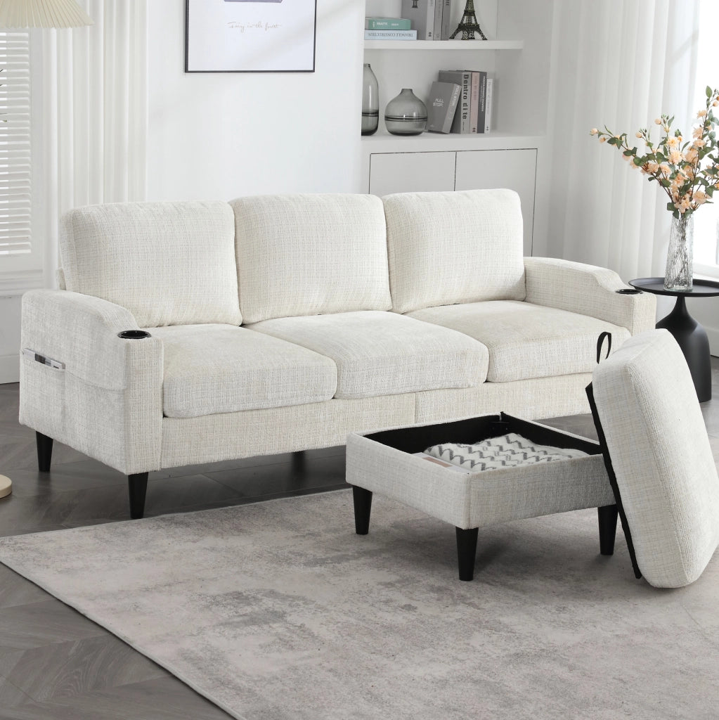 Divano modulare 4 posti con pouf contenitore; portabicchieri e tasche; ciniglia beige