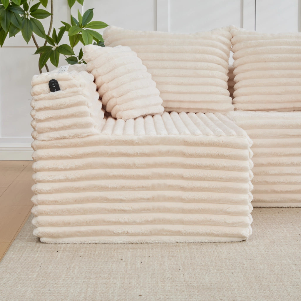 Divano modulare a U con portabicchieri e tasche laterali in corduroy beige