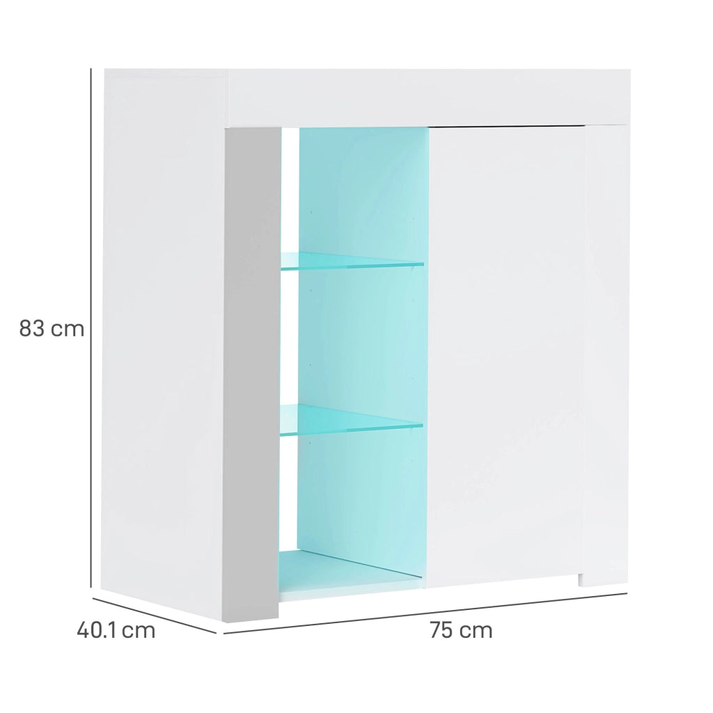 Mobile Contenitore a LED 75x40,1x83 cm 3 Ripiani Aperti e Armadietto in Legno e Vetro Bianco