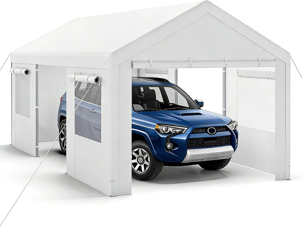 Tenda Garage Auto Esterno, Tettoia per Auto con Telaio in Metallo, Copertura in PE Resistente alle Intemperie, Capanno Giardino per Vehicolo, Bici, Moto, Attrezzi (Grigio, 363 x 600 x 295 cm)