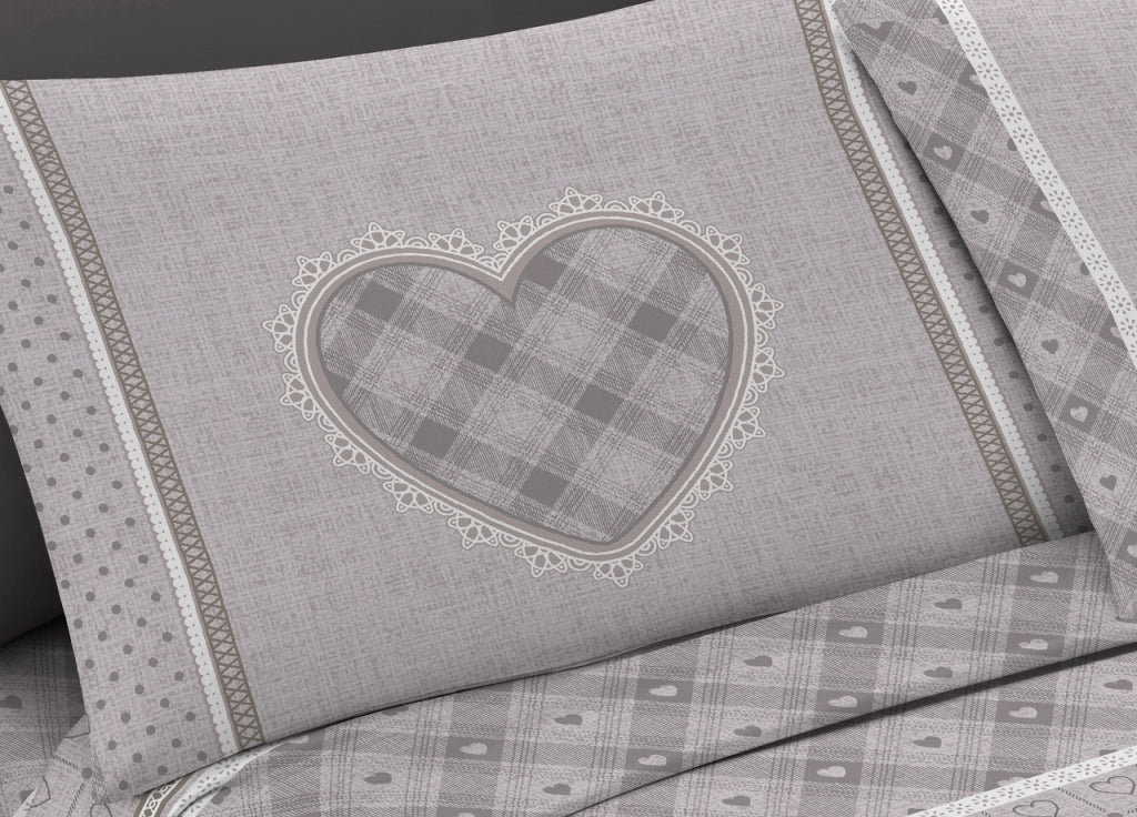 Completo Lenzuola Flanella Pensieri Delicati 100% Cotone Disegno Chalet - Singolo - Beige