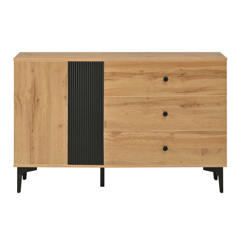 Sideboard 120x35x76 cm con anta e 3 cassetti in pannello truciolare nero e naturale