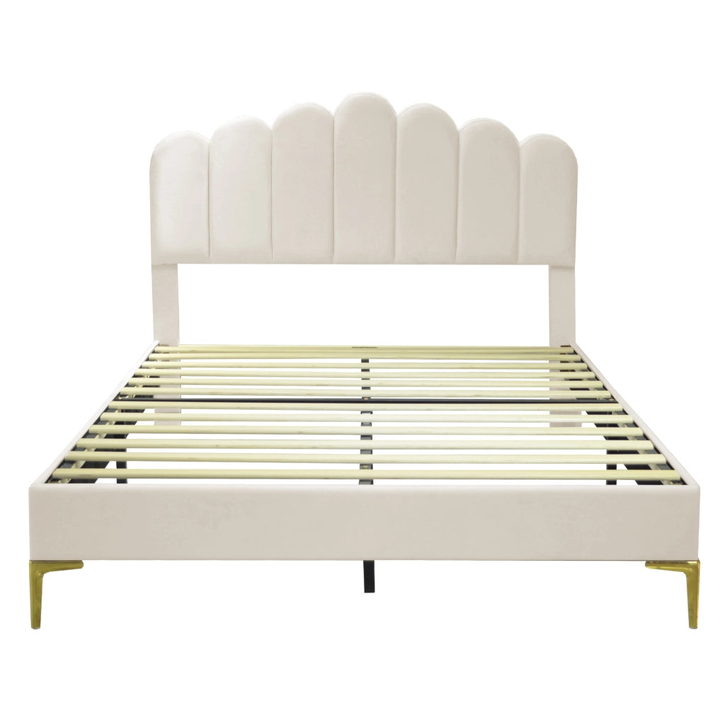 Letto imbottito matrimoniale 140×200 cm con testiera regolabile e rete; senza materasso; beige