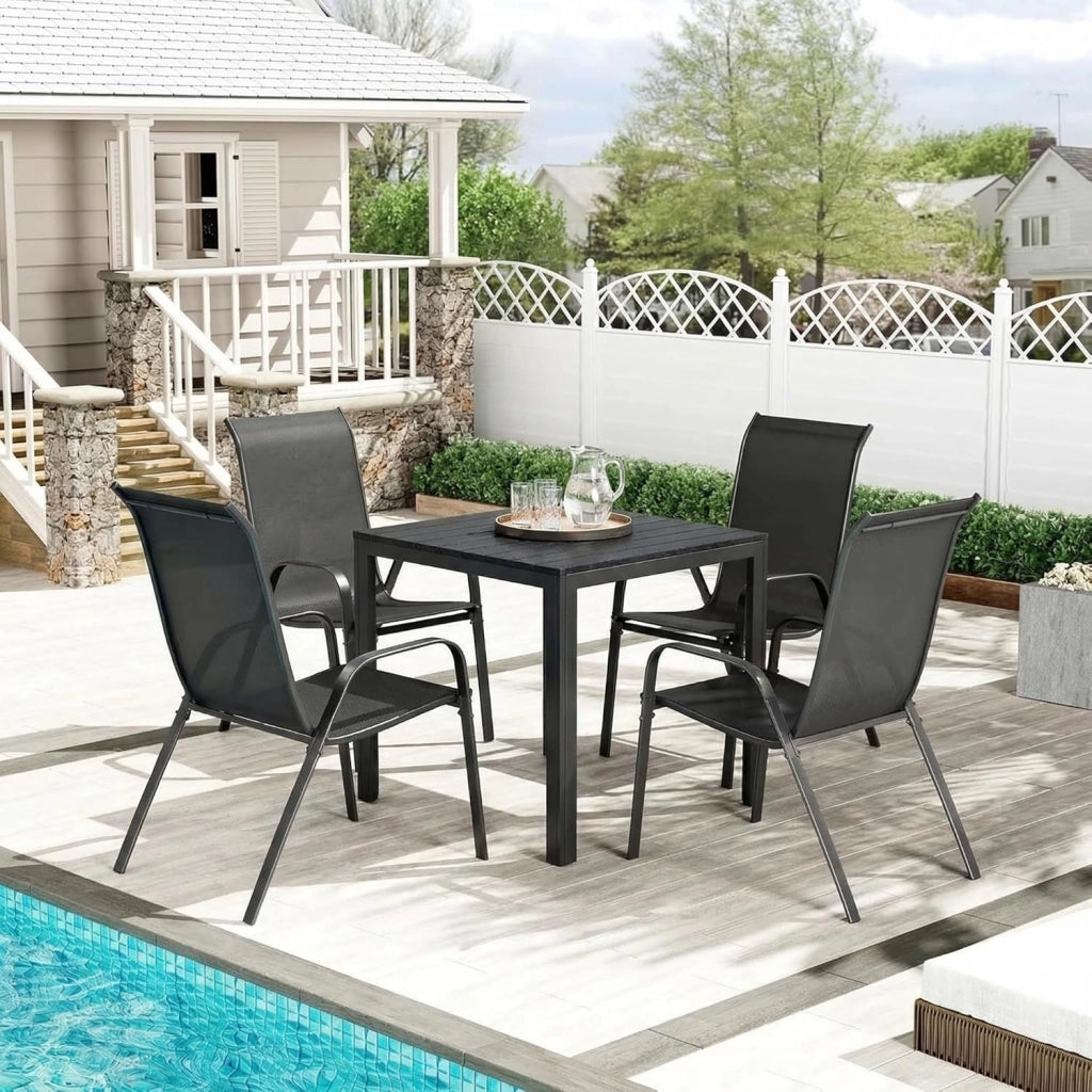 Set di mobili da giardino, 5 pezzi, con 4 poltrone impilabili e 1 tavolo quadrato WPC, mobili da balcone, mobili da terrazza per tutte le stagioni, terrazza, giardino ed esterni