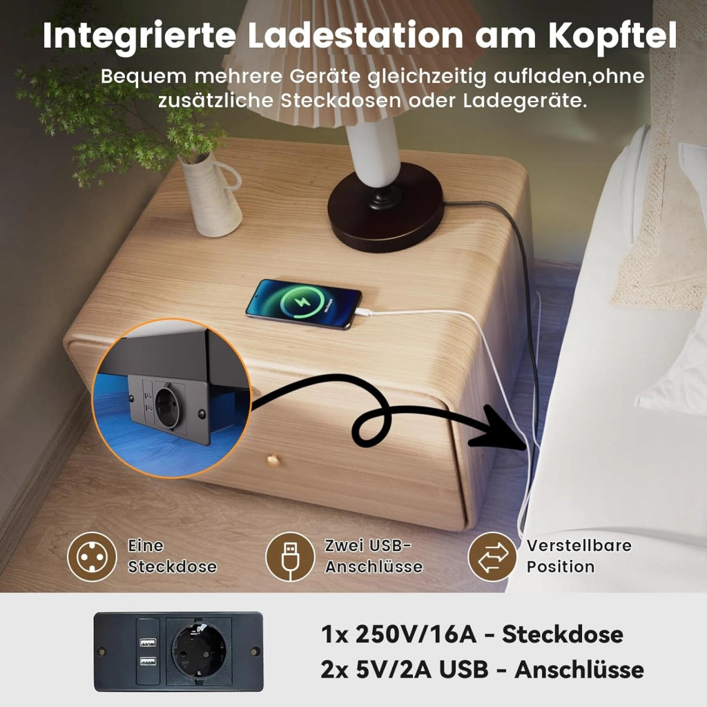 Telaio letto in metallo, letto per gli ospiti, struttura in metallo, con LED e prese, letto per ragazzi 180 x 200, app e telecomando, struttura stabile con rete a doghe