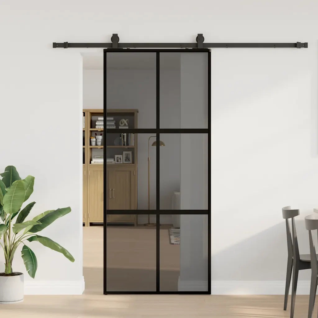 Porta Scorrevole Set Ferramenta Nera 90x205 cm Vetro Temperato 3375967