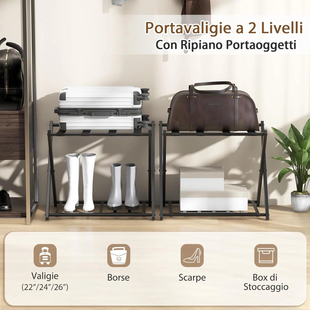 Portavaligie Pieghevole in Metallo 2 Pezzi 68 x 45 x 57 cm, Cavalletto Reggivaligie Multiuso con 2 Ripiani, Portabagagli Salvaspazio per Casa e Hotel Robusto, Portata 80 kg (Nero)