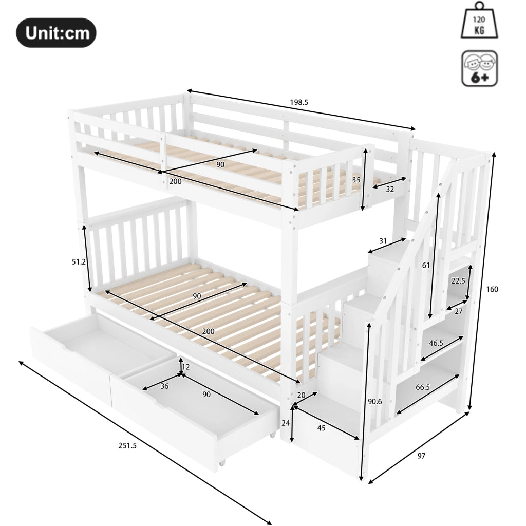 Letto a castello 90x200 cm con scala contenitore; 2 cassetti; sponde alte; bianco