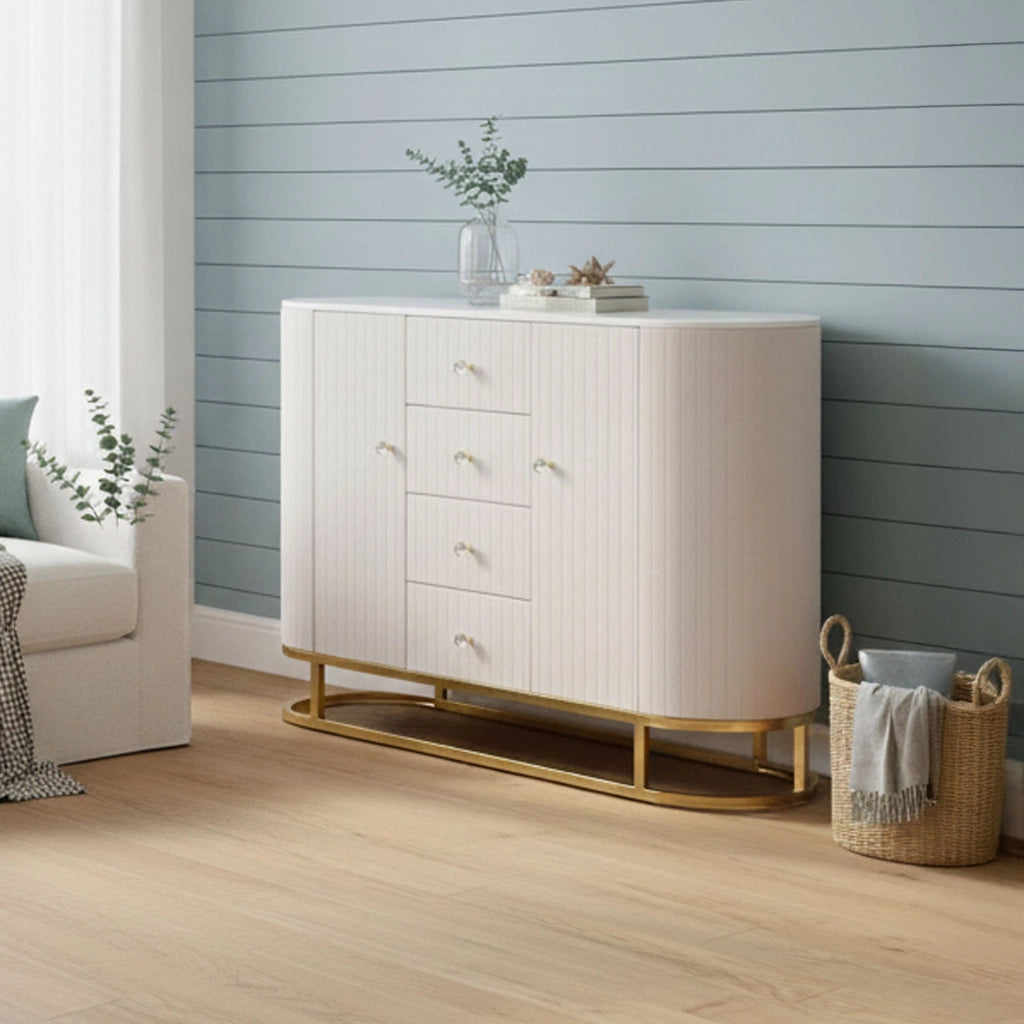 Credenza Lodovico, Buffet da soggiorno, Madia da salotto, Dispensa da cucina, 120x40 h85 cm, Crema e Bianco