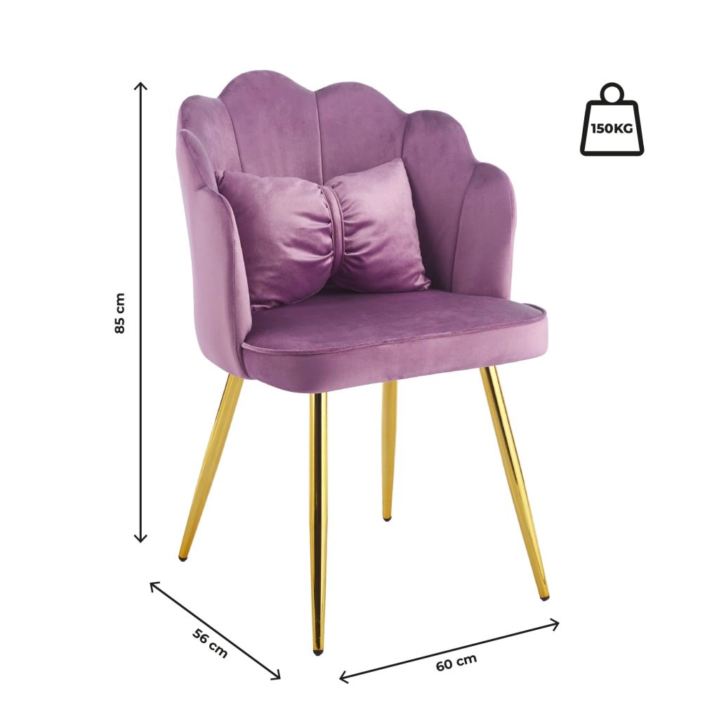 Poltroncina Elegante in Velluto con Schienale a Conchiglia, Cuscino e Gambe in Acciaio, Sedia Imbottita elegante Violetto