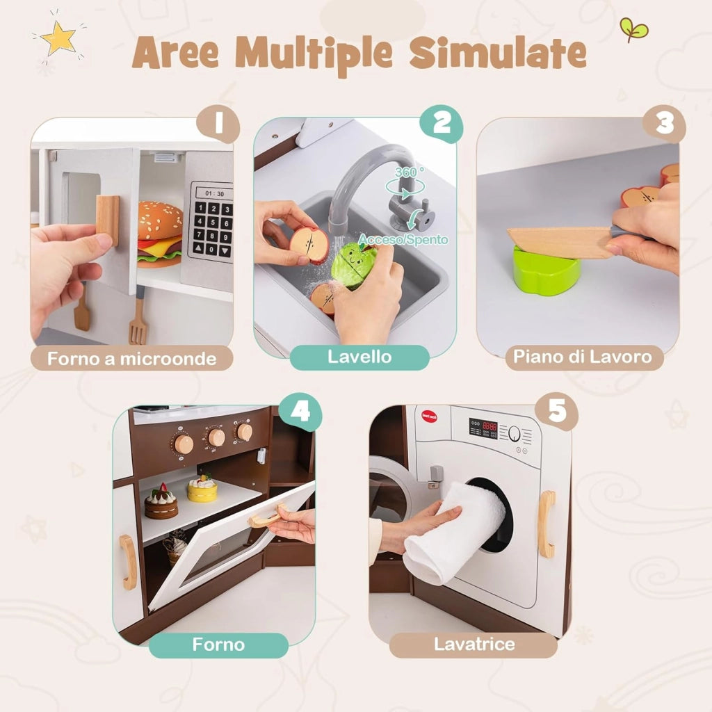 Cucina Giocattolo in Legno per Bambini, Set Cucina Giocattolo con Macchina di Ghiaccio, Microonde, Forno, Lavello, Lavatrice e Accessori, Effetti Sonori e Luminosi per Bambini 3 Anni+