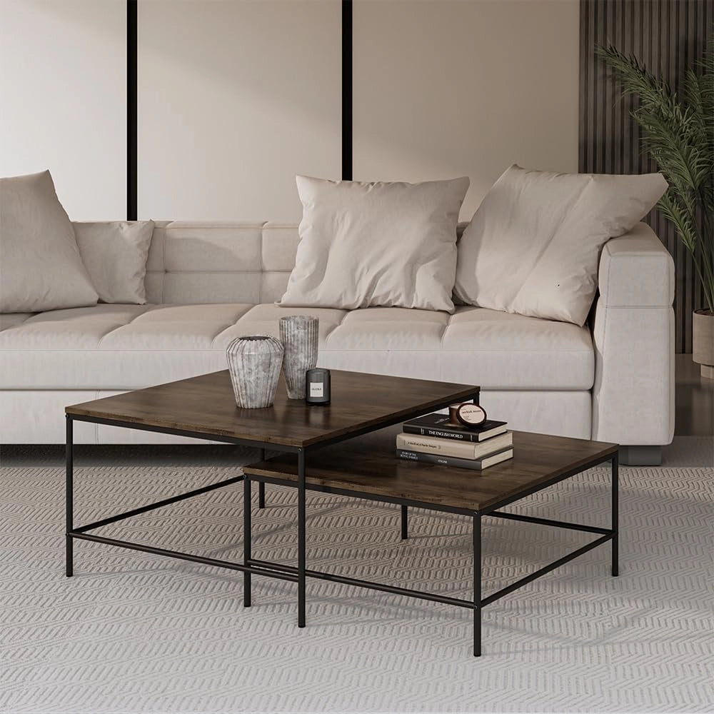 Tavolino da divano Ramio, Rovere rustico/nero, 80 x 80 cm 2 parti, per un utilizzo flessibile come superficie d’appoggio o tavolini laterali