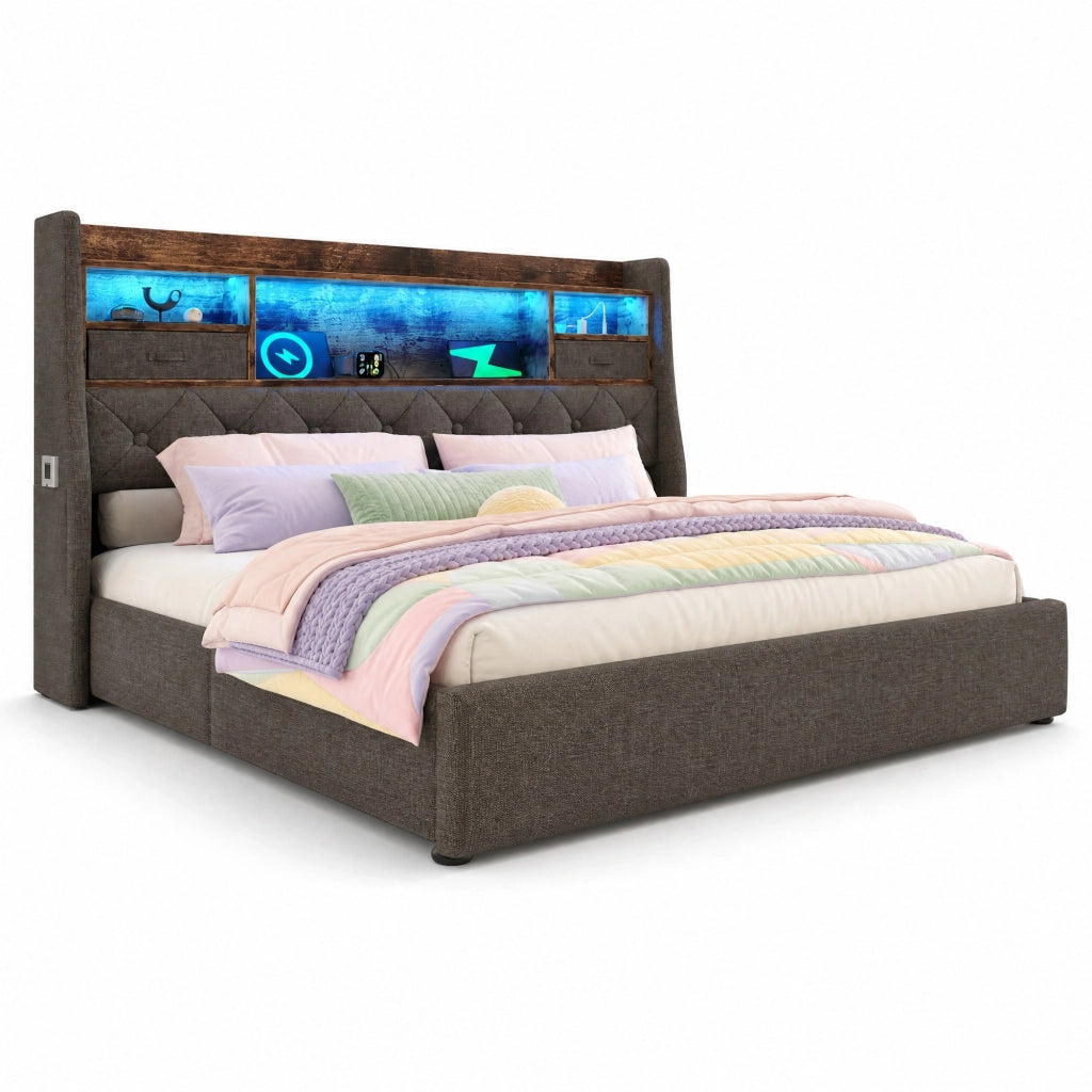 Letto imbottito grigio 140x200 cm con contenitore, LED e prese di ricarica