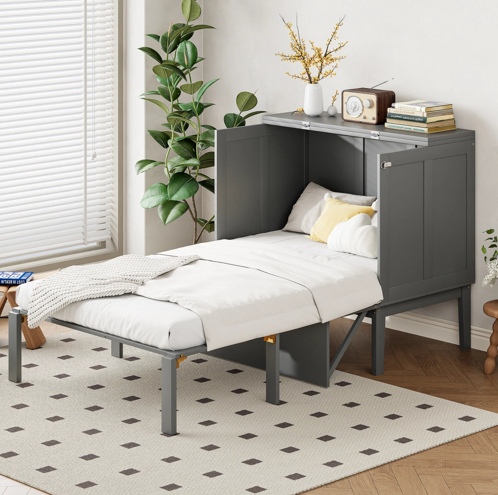 Letto a scomparsa verticale 90x200 cm grigio; struttura salvaspazio in legno