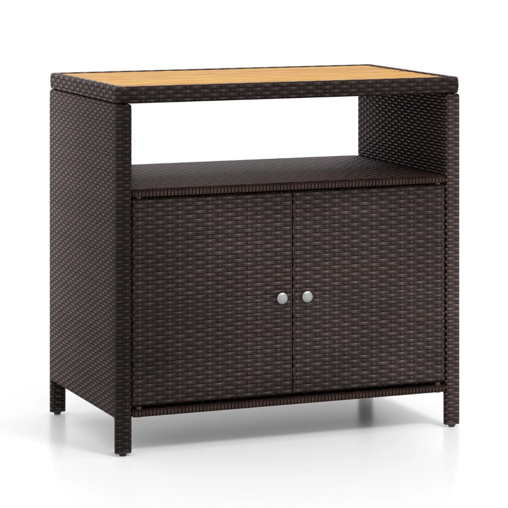 Armadietto portaoggetti in rattan con piano in legno di acacia-Mobile buffet per esterni con armadio a 2 ante Marrone