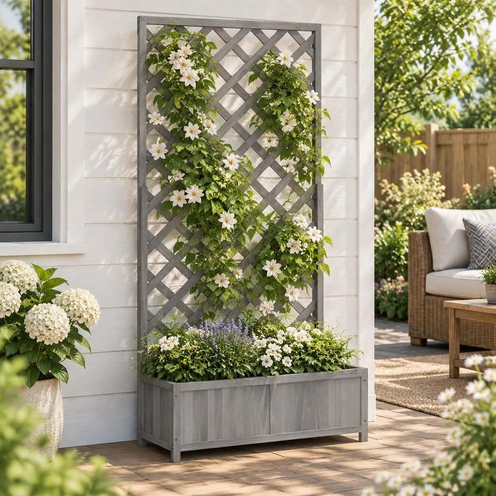 Plant Pot With Trellis Gray Solid Fir Wood