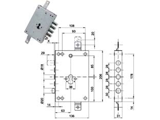 SERRATURA TRIPLICE APPLICARE CON SCROCCO CIL. EUR. BLINDATE 50128  mm.63, interasse catenacci mm.28    CIPIERRE
